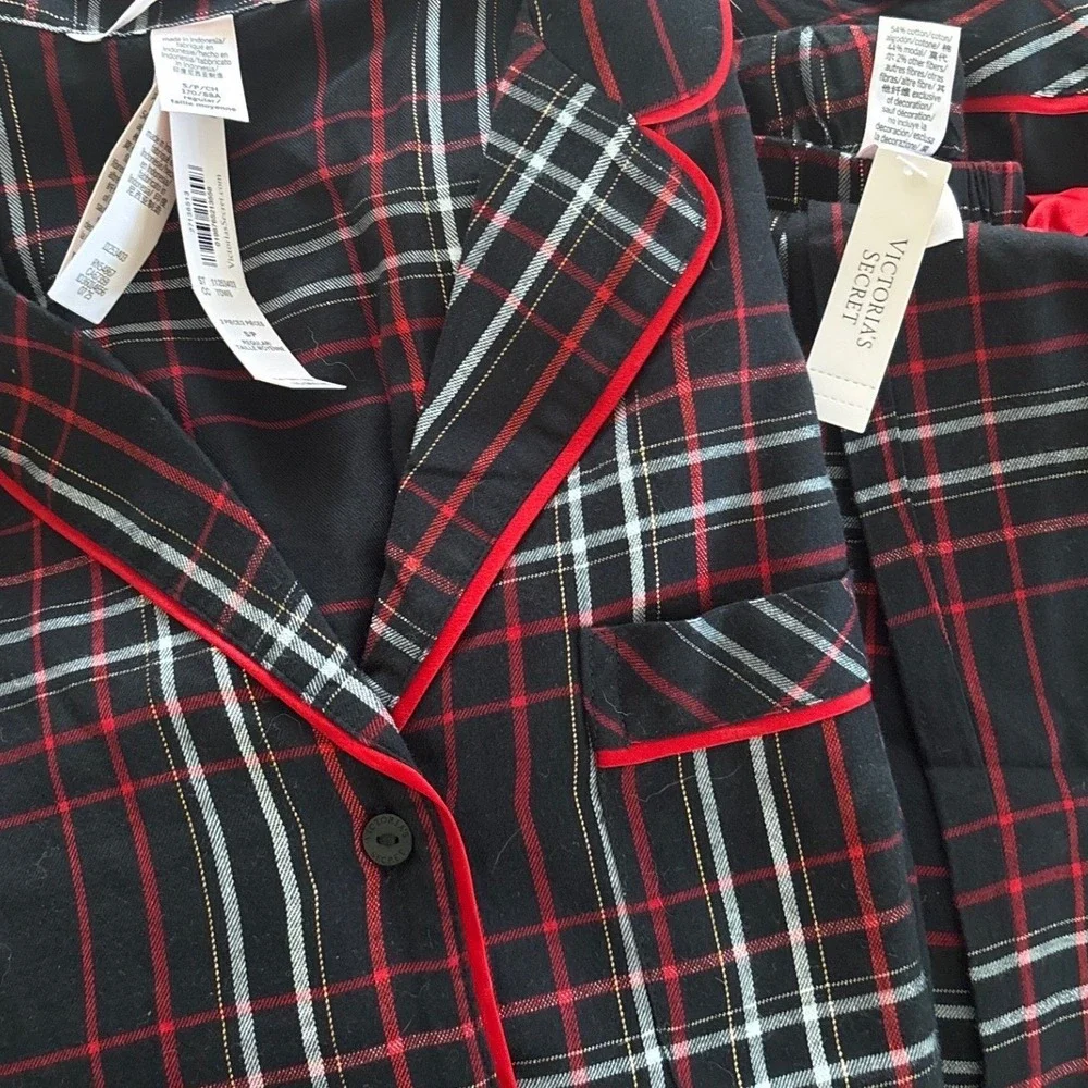 Victoria's Secret Flannel Long Pajama Set Black Red White Plaid Signature PJ S - Picture 8 of 10
